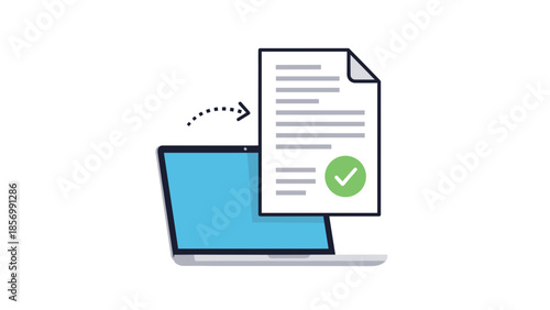 Digital Document Approved - Laptop Sending File With Checkmark, Online Business Workflow Concept, isolated on transparent background. Business Automation Vector Illustration.