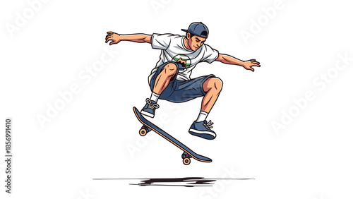 Skateboarder Doing Trick, Urban Culture Vector. Cool Teenage Guy Jumping in the Air on Skateboard. Isolated on transparent background. Lifestyle and Modern Art.