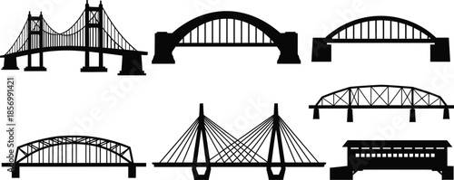 Set of 6 Bridge Types silhouette suspension bridge arch bridge beam bridge and truss bridge distinct shapes