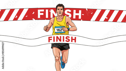 Marathon Runner Crossing Finish Line, Winning Race, Success Concept. Vector Athlete Celebrating Victory, isolated on transparent background, Illustration for Sports and Achievement.