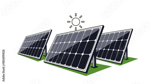 Solar Panels Graphic with Sun Icon: Clean Energy Concept, Sustainable Power Solutions, Modern Illustration, Renewable Energy Investment isolated on transparent background.