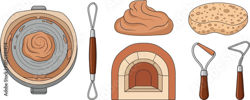 Set of 6 Pottery & Ceramics tools pottery wheel clay mound sculpting loop tool sponge and kiln oven