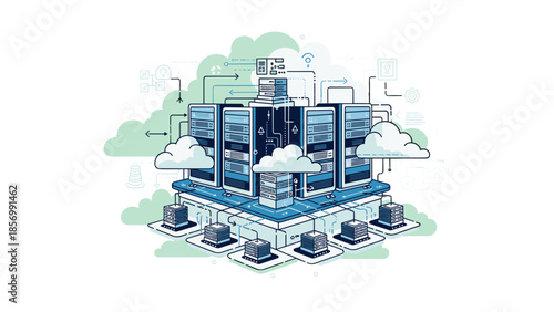 Cloud Server Hosting Vector Illustration: Data Center Network Architecture with Cloud Computing Concept, Security and Connection Elements, isolated on transparent background.
