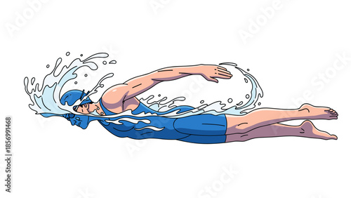 Athlete Swimming Freestyle Stroke, Determined Swimmer Vector Illustration, Professional Training for Competition, Isolated on transparent background.