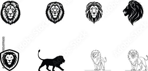 Collection of lion head silhouette and lion logos in various styles