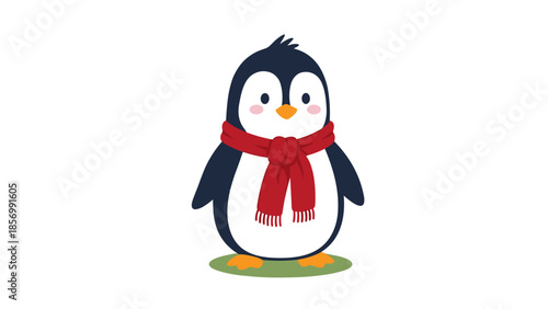 Cute Penguin Character Illustration with Red Scarf for Winter Holiday Designs, Smiling, Isolated on transparent background. Vector Graphic for Greetings and Apparel Prints
