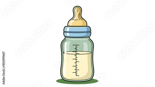 Baby Bottle with Milk: Infant Feeding and Nutrition Symbol, Isolated on Transparent Background. Baby Formula for Newborn Health, Care, and Healthy Growth. Cartoon Illustration.