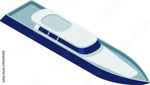 Isometric illustration of a sleek blue and white luxury motor yacht on a white background