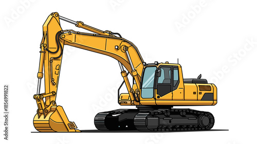 Cartoon Excavator Vector Illustration: Heavy Equipment Machinery for Construction and Mining Industries, Detailed Digger Truck Vehicle Clipart isolated on transparent background
