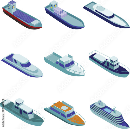 Collection of isometric icons representing various types of ships and watercraft, showcasing diverse vessels in a clear visual format