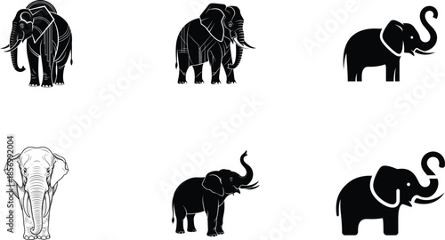 Collection of different elephant silhouettes and illustrations