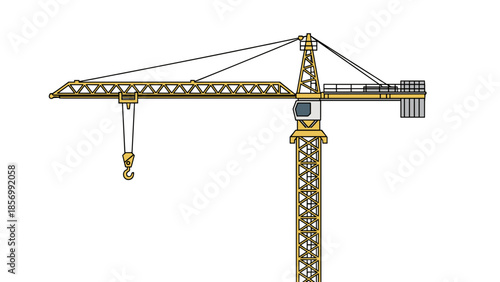 Yellow Construction Crane Vector Illustration. Powerful Industrial Lifting Equipment, Symbol of Progress, Isolated on Transparent Background. Minimalist Line Art.