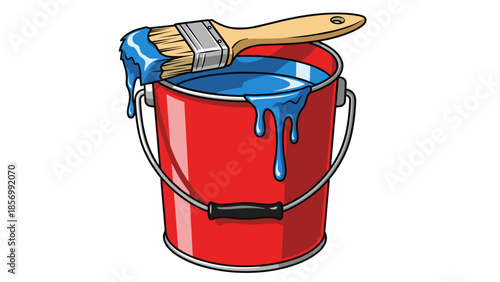 Red Paint Bucket Filled With Vibrant Blue Color, Vector Illustration for DIY Home Improvement Projects, Artistic Expression, isolated on transparent background.