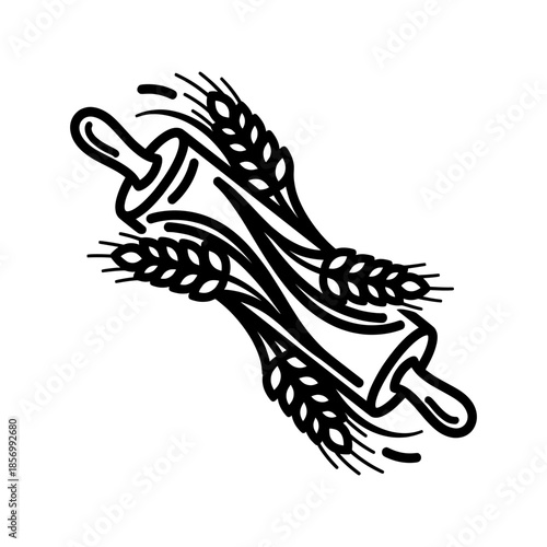 Illustration of a rolling pin surrounded by wheat ears in a rustic setting