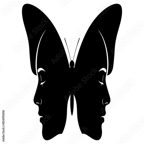 Silhouette of butterfly with human faces illustration on white background from front view