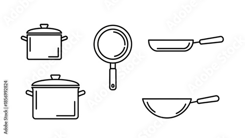 Simple Outline Set of Cooking Pot, Frying Pan, and Wok Icons for Kitchen and Culinary on Isolated White Background