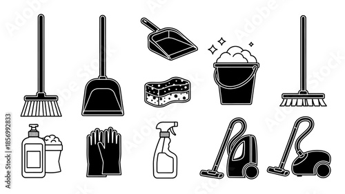 Solid Icon Set of Essential Cleaning Supplies and Housekeeping Tools on Isolated White Background