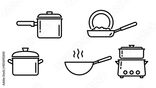 Assortment of Hot Cooking Pots, Frying Pans, and Wok Line Icons Steaming on Isolated White Background