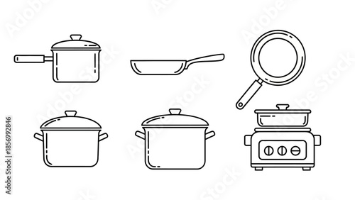 Set of Outline Cooking Pots, Frying Pans, and Wok Icons in Minimalist Style on Isolated White Background