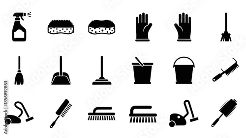Solid Black Silhouette Set of Cleaning Supplies and Equipment Including Spray Bottle, Sponges, Gloves, Broom, Vacuum Cleaner, and Bucket on Isolated White Background
