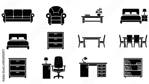 Solid Black Silhouette Collection of Diverse Home and Office Furniture Like Sofa, Armchair, Bed, Chest of Drawers, and Desk on Isolated White Background