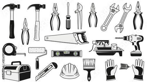 Solid Black Silhouette Set of Hand Tools Including Hammer, Pliers, Screwdriver, Saw, Tape Measure, and Hard Hat on Isolated White Background