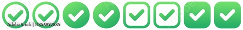 Green tick check emoji icon set with circle square rounded outline gradient checkmark on transparent background for approved success symbol sign