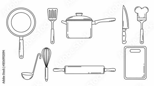 Outline Icon Set of Kitchen Utensils and Cookware Including Pan, Spatula, Pot, Knife, Chef Hat, and Rolling Pin on Isolated White Background