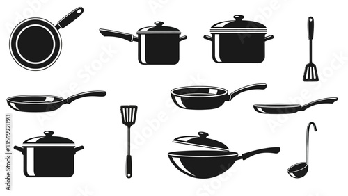 Solid Black Silhouette Set of Frying Pans, Saucepans, Wok, and Spatula for Kitchen Cooking on Isolated White Background