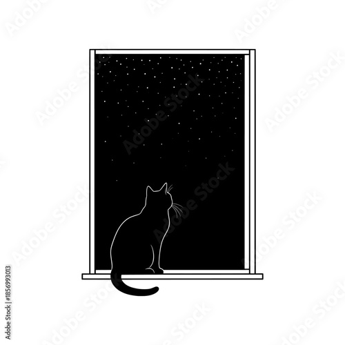 A cat sits on a windowsill gazing up at the starry night sky in a serene illustration