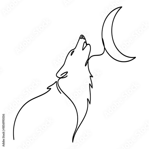 A wolf howls at the crescent moon in a serene night sky illustration