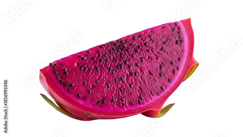 Vibrant pink dragon fruit slice on black background