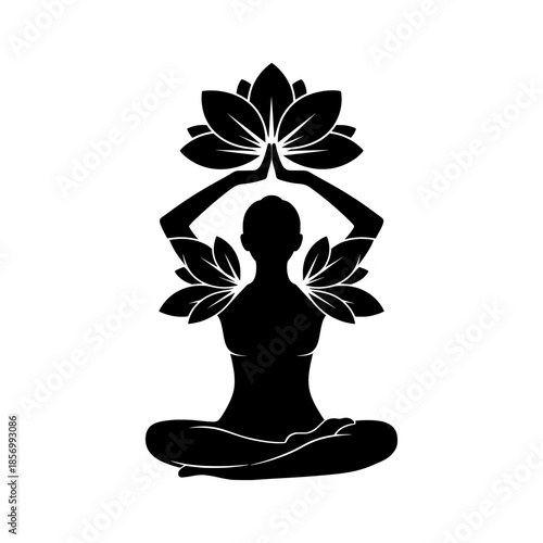 A person meditating in lotus position with hands in prayer pose surrounded by lotus flowers