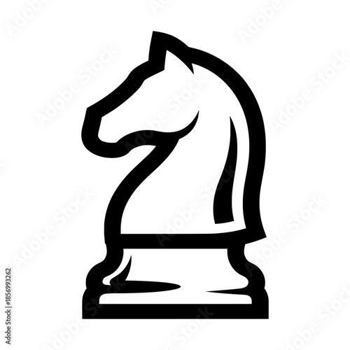 A black and white illustration of a knight chess piece standing on a base viewed from the side