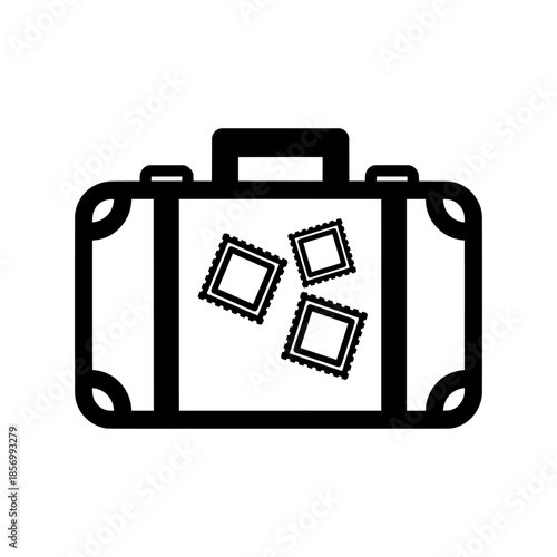 A simple black and white illustration of a suitcase with photographs inside viewed from the front