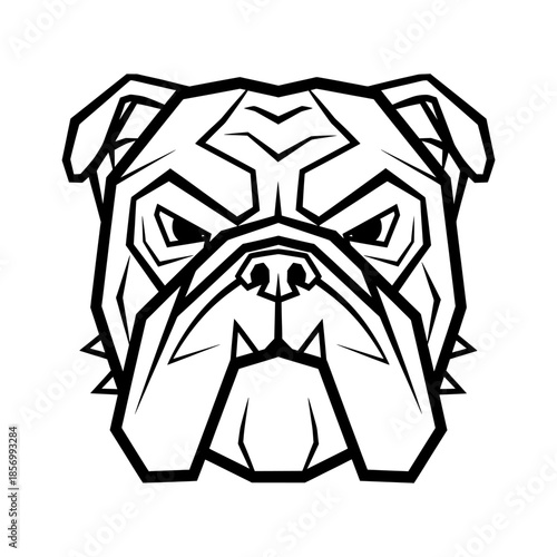 A menacing bulldog's face is illustrated in a bold, geometric style, showcasing its aggressive expression and sharp features in a stark black and white design.