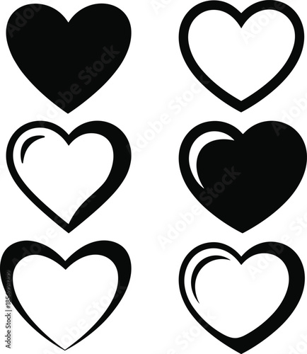 Collection of black and white heart shapes, ideal for love and romance-themed designs