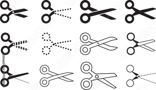 Set of black and white scissors icons with cut lines, perfect for design and crafting projects