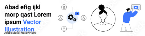 Centralized profile with connected user icons, lock, gear symbolizing security and process optimization, and individual holding video content. Ideal for technology, security, collaboration, creation