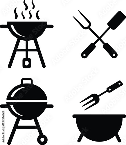 Essential black vector icons set of barbecue grills, smoking charcoal kettles, and crossed cooking utensils for summer outdoor picnic fun.