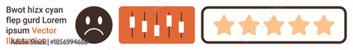 Customer satisfaction, user reviews, quality assessment, feedback ratings, service evaluation, performance monitoring. Sad face, control sliders and star rating icons . Customer satisfaction