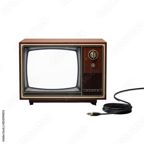 A pristine vintage television with rich dark wood casing and a luminous blank white screen, a coiled black cable beside it, set against a seamless transparent backdrop. Concept of timeless elegance