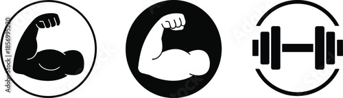 Minimalist vector icons set of flexing bicep muscles and a heavy barbell, symbolizing strength, power, and intense gym workout motivation.