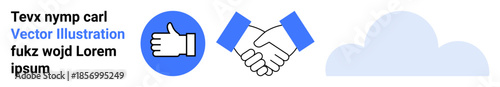 Teamwork, online communication, cloud storage, digital networking, partnerships, success. Graphic symbols include thumbs up, handshake and cloud. Teamwork and online communication