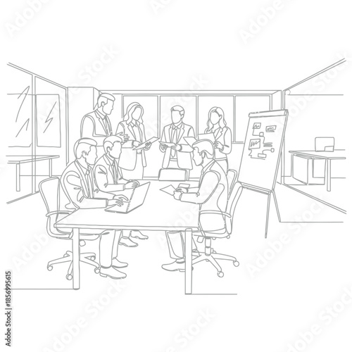 Business meeting in progress: diverse team collaborating around a table with laptop and whiteboard