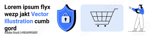 Shopping cart next to a security shield with a lock and a person interacting digitally. Ideal for e-commerce, data protection, secure payments, cybersecurity, online buying, digital transactions
