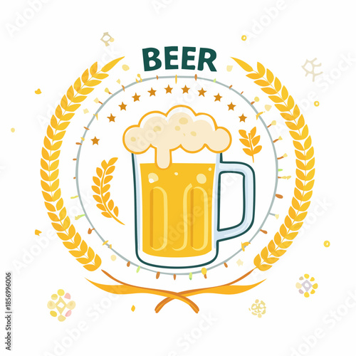 Festive beer illustration featuring a frothy glass within a wheat and star circle