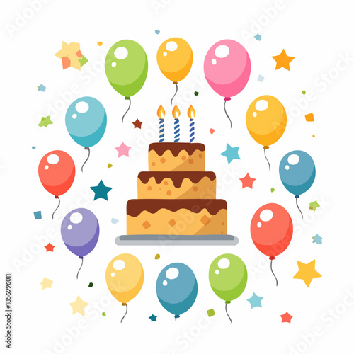 Festive Birthday Celebration: A Colorful Illustration of Cake, Balloons and Stars