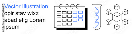Biotechnology, research projects, genetics, scheduling, molecular science, data management. A test tube with DNA strands, a calendar and cube structures. Biotechnology and genetics visually