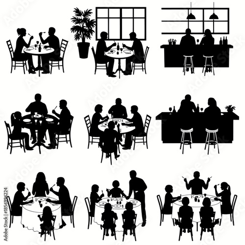 Silhouettes of people dining and drinking at restaurants and bars